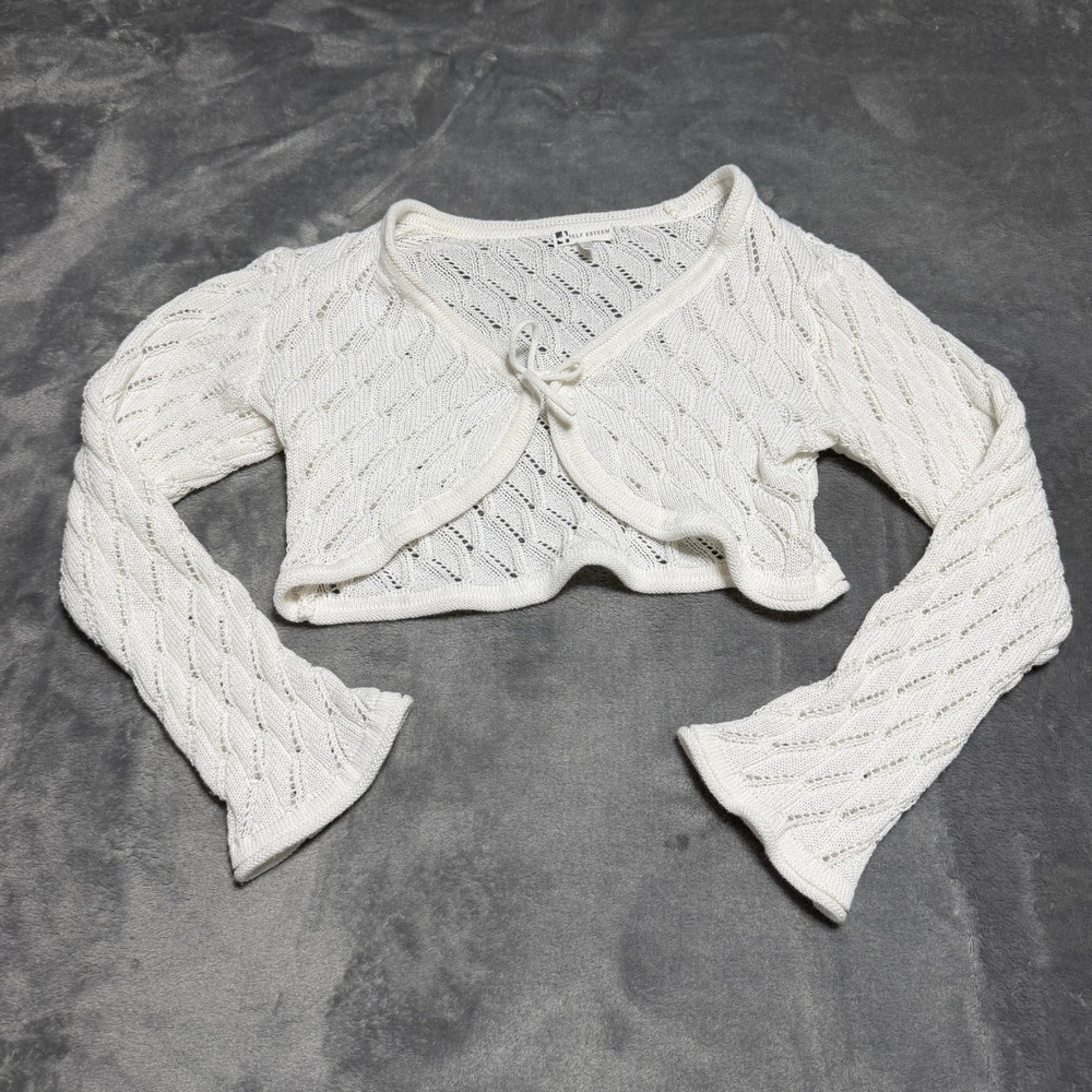 Self Esteem White Open Knit Tie Front Shrug Cropped Cardigan XL Y2K Coquette